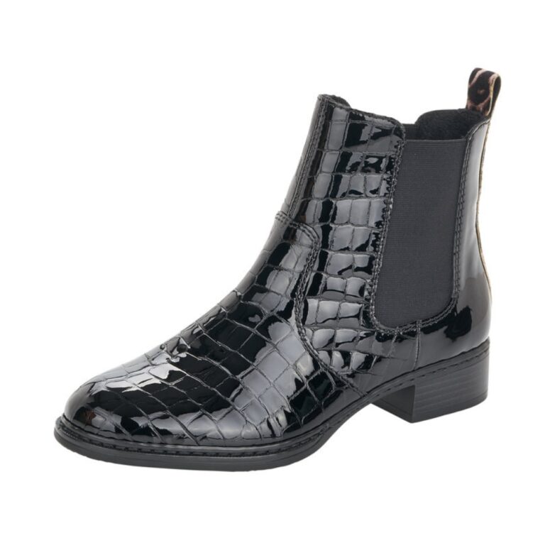 Rieker chelsea støvle til dame i sort lak med elastik i begge sider og en let foring indvendigt