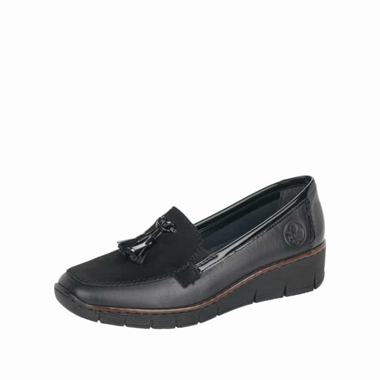Rieker loafers i sort skind til dame med stødabsorberende kilehæl