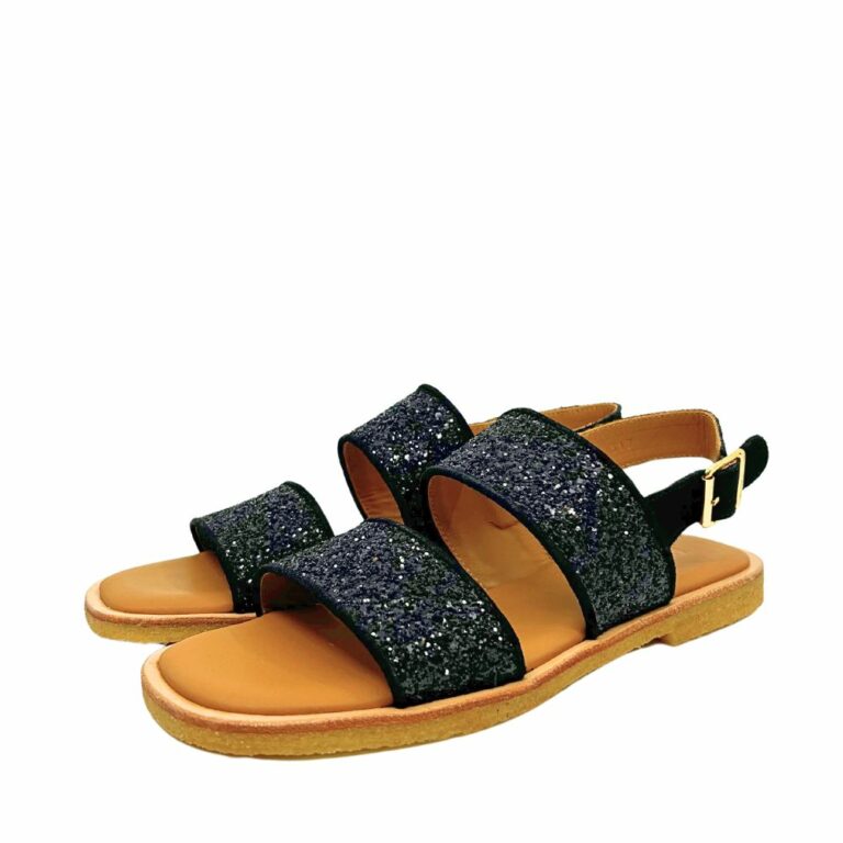 Angulus sandal til dame i sort glimmer med rågummisål