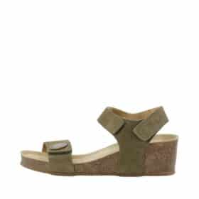 Cashott Casmette sandal til dame i grøn skind med velcro og kilehæl