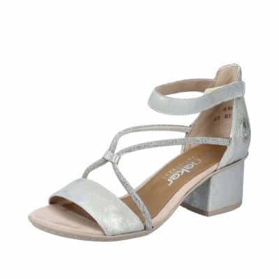 Rieker sandal til dame i sølv med 5 cm blokhæl og skinnede sten