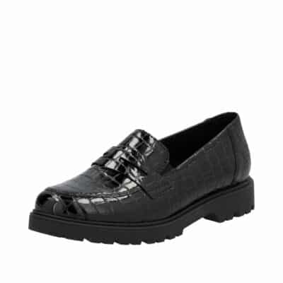 Rieker loafers til dame i sort lak med krokomønster og elastikker samt indersål af skind og stødabsorberende ydersål