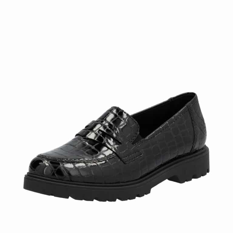 Rieker loafers til dame i sort lak med krokomønster og elastikker samt indersål af skind og stødabsorberende ydersål