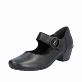 Rieker pumps til dame i sort med velcro og skind detaljer samt blokhæl på 4,5 cm.