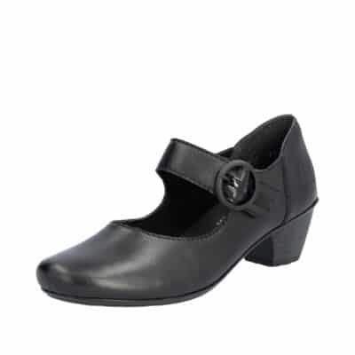 Rieker pumps til dame i sort med velcro og skind detaljer samt blokhæl på 4,5 cm.