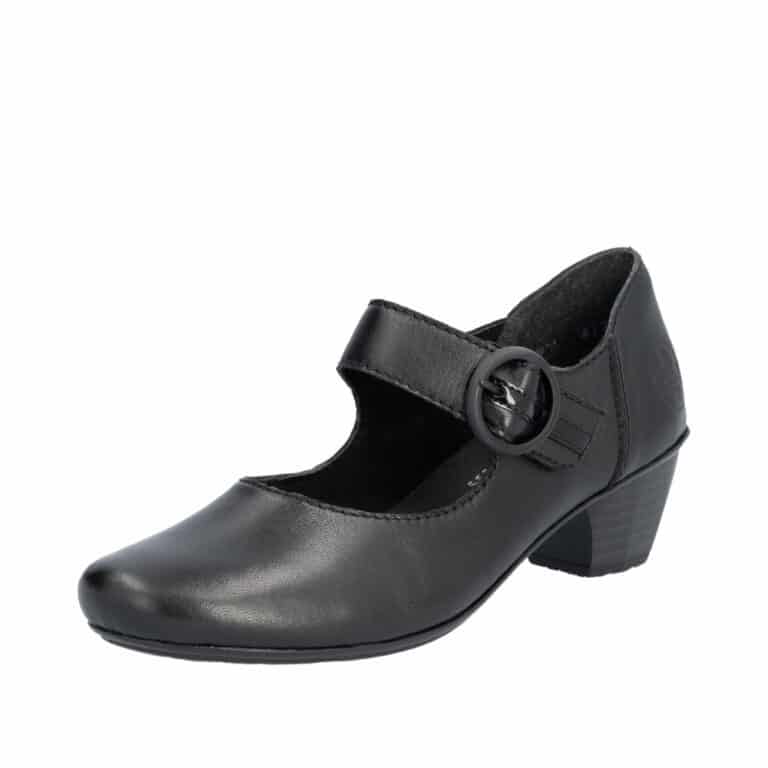 Rieker pumps til dame i sort med velcro og skind detaljer samt blokhæl på 4,5 cm.