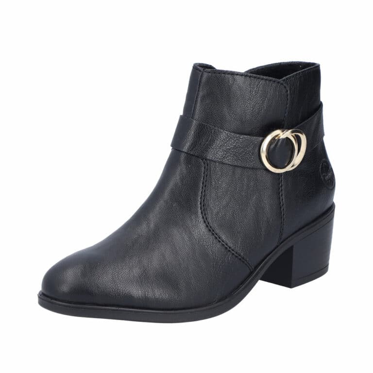 Rieker ankelstøvle til dame i sort med blokhæl og let foring samt stødabsorberende sål