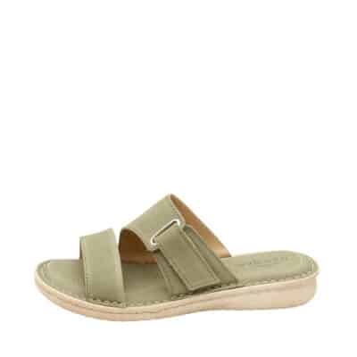 Relaxshoe sandal til dame i grøn skind, med velcrorem og bløde såler