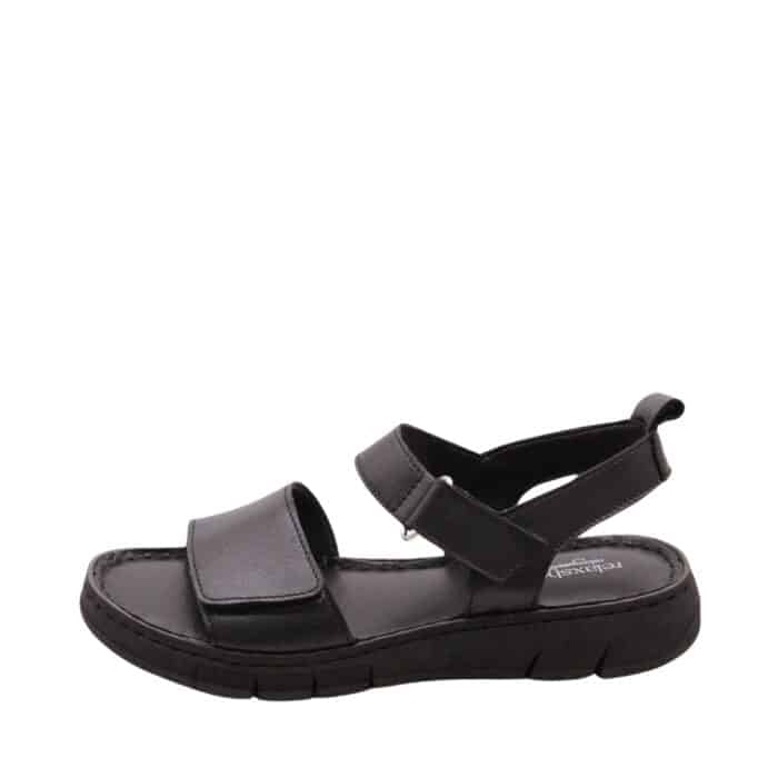 Relaxshoe sandal til dame i sort skind, med to velcroremme og hæl på 3,5 cm