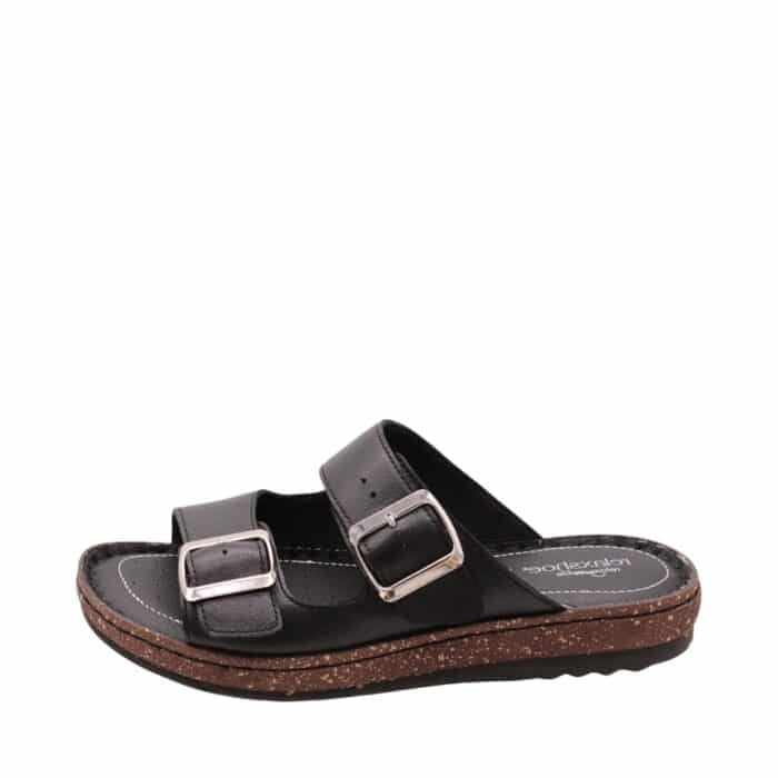 Relaxshoe sandal til dame i sort, lavet af 100% skind med to justerbare spænder og bløde såler