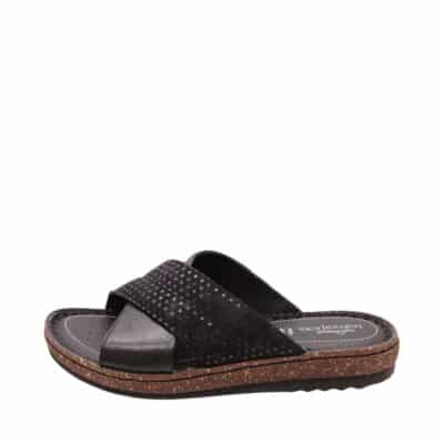 Relaxshoe sandal til dame i sort skind med krydsrem og bløde såler