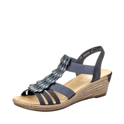 Rieker sandal til dame i blå med elastik og kilehæl med stødabsorbering