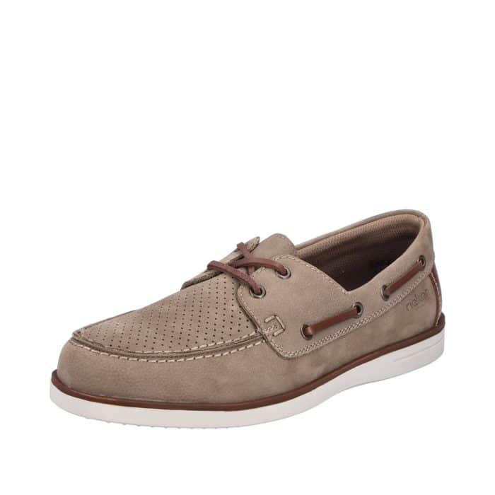 Rieker sejlersko til herre i beige med skindoverdel og snøredetaljer samt ekstra bredde G og stødabsorberende sål