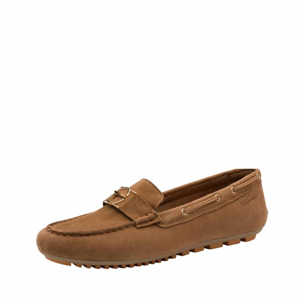 Tamaris loafers til dame i brunt ruskind med gylden detalje og snøredetaljer samt udtagelig indersål
