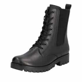 Rieker støvle til dame i sort skind med snørebånd og lynlås samt elastik på ydersiden