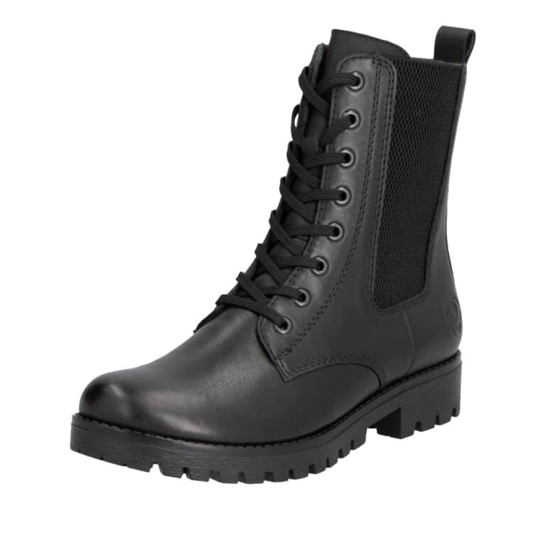 Rieker støvle til dame i sort skind med snørebånd og lynlås samt elastik på ydersiden