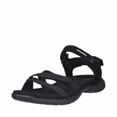 Ecco sandal til dame i sort læder, med tre velcroremme og slidstærk gummisål