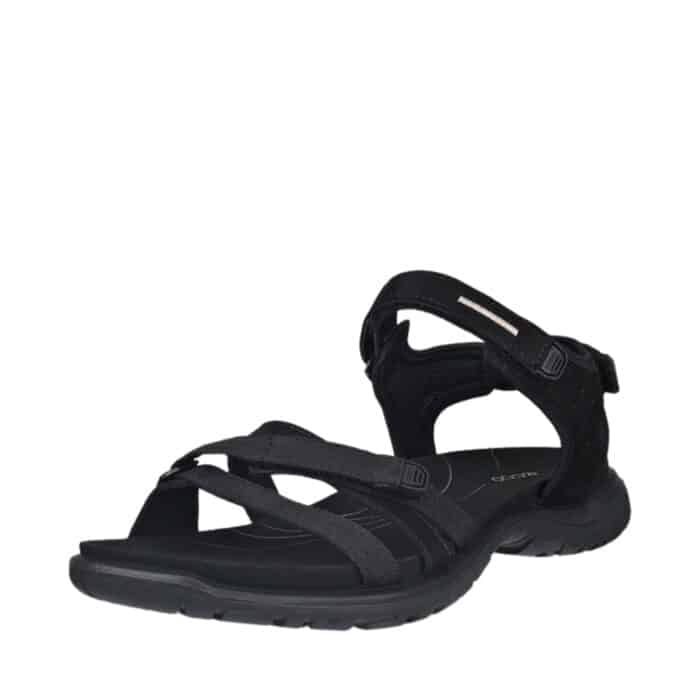 Ecco sandal til dame i sort læder, med tre velcroremme og slidstærk gummisål