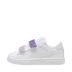 Puma Smash 3.0 L sko til børn i hvid med glimmer og to velcroremme samt udtagelig sål