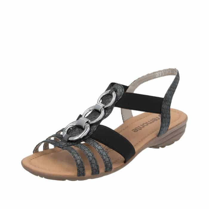 Remonte sandal til dame i grå og sort med elastik i siderne og sølvring