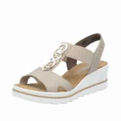 Rieker sandal til dame i beige med kilehæl på en plateausål og elastik