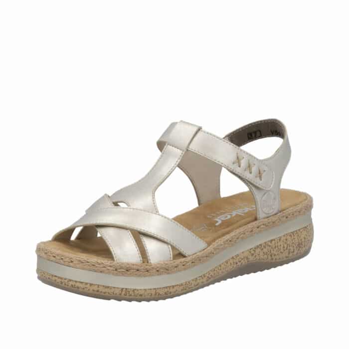 Rieker sandal til dame i guld med kilehæl og velcro i siden