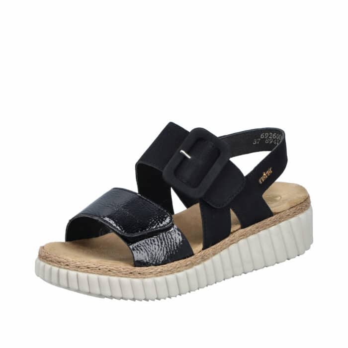 Rieker sandal til dame i sort med velcro og kilehæl