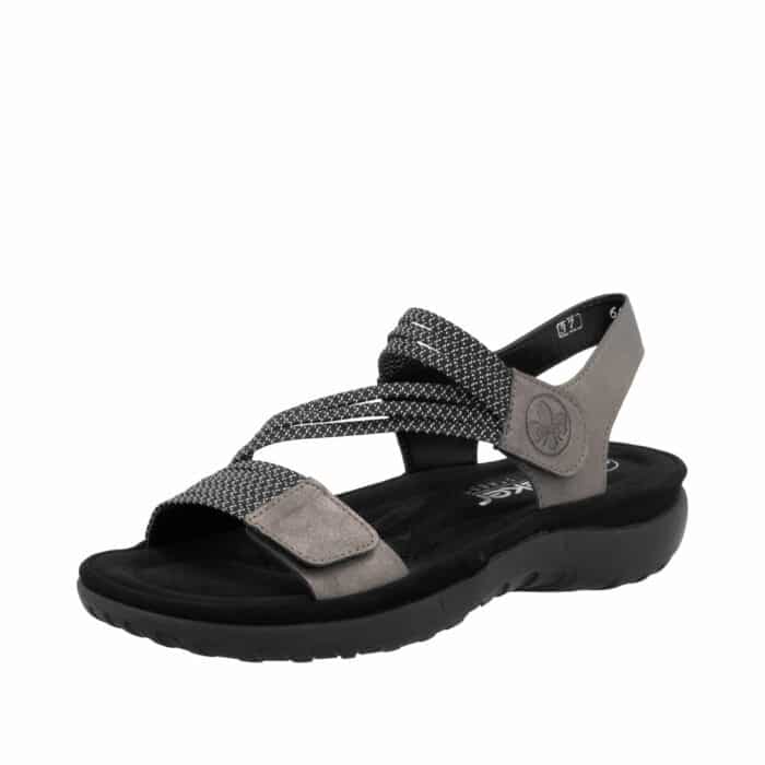 Rieker sandal i grå og sort til dame med velcro og elastik samt EVA såler