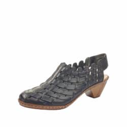 Rieker sko til dame i sort skind med elastisk hælrem og stødabsorberende blokhæl