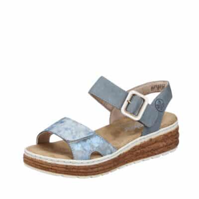 Rieker sandal i blå til dame med velcro og kilehæl
