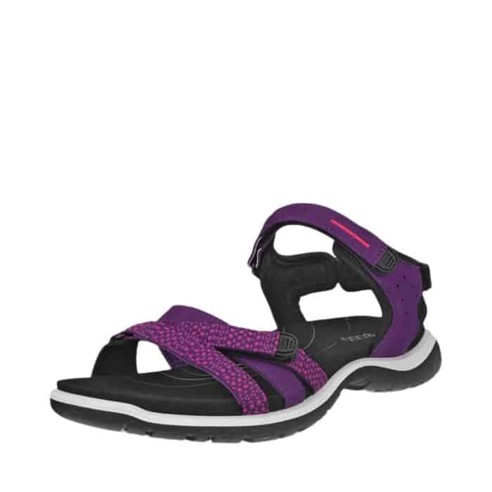 Ecco sandal til dame i lilla, med læderoverdel og tre velcroremme samt skridsikker gummisål