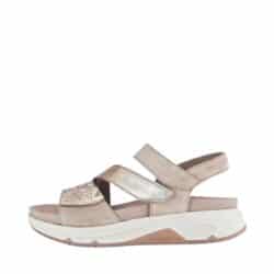 Gabor Rollingsoft damesandal i beige skind, med tre velcroremme samt stødabsorberende og udtagelig sål med svangstøtte