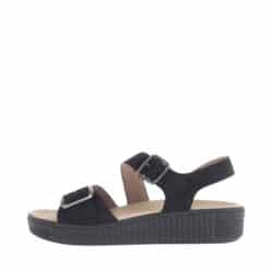 Gabor sandal til dame i sort skind, med to velcroremme og kilehæl på 4 cm samt udtagelig sål der kan maskinvaskes ved 30 grader