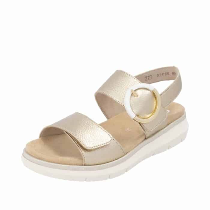 Remonte sandal til dame i guld, med skindoverdel og to velcroremme samt udtagelig sål