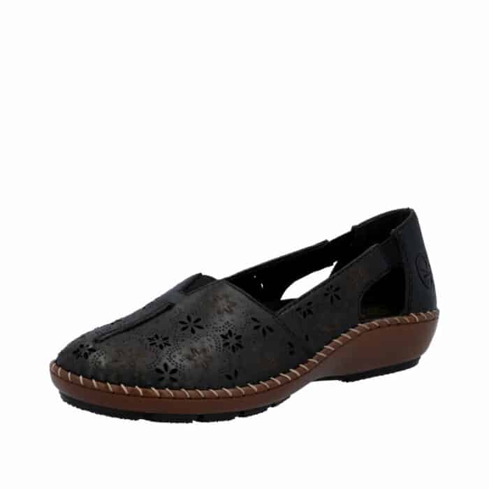 Rieker ballerinasko til dame i skind med elegant blomstermønster og Antistress såler