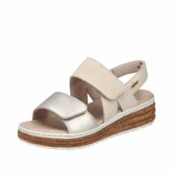 Rieker sandal til dame i beige og guld med velcro og kilehæl