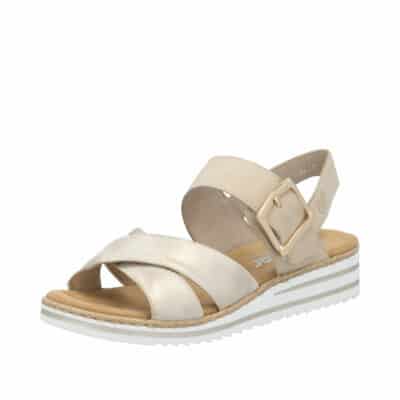 Rieker sandal til dame i beige med gyldne detaljer og velcrorem samt kilehæl på 4 cm