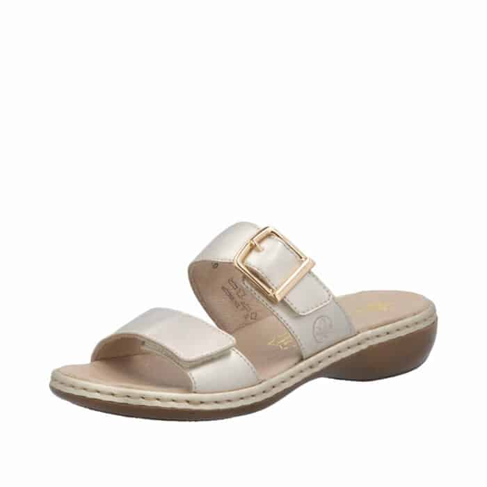 Rieker sandal til dame i metallic guld med to velcroremme og skind indersål