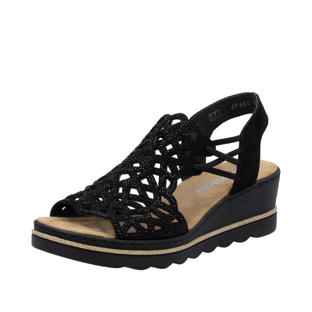 Rieker sandal i Sort til dame med glitrende detaljer og elastikker i siderne