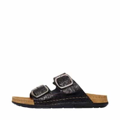 Rohde Easys N°42 damesandal i sort læder, med ruskindsindersål der er udstyret med memory fodseng. Sandalen har også justerbare spænder.