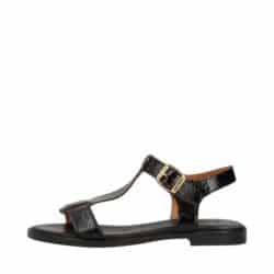Shoedesign Copenhagen Nora P sandal til dame i sort lak, lavet af 100% skind med spænde og rem detaljer.