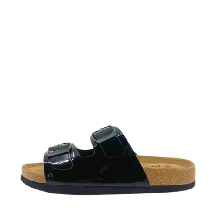 CPH-comfort sandal til dame i sort lak, med justerbare spænder og indersål af ruskind