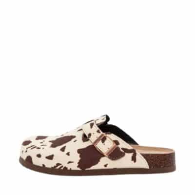 Duffy Florens Ventitré slippers til dame i beige med ko-print og lukket tå samt justerbar spænde