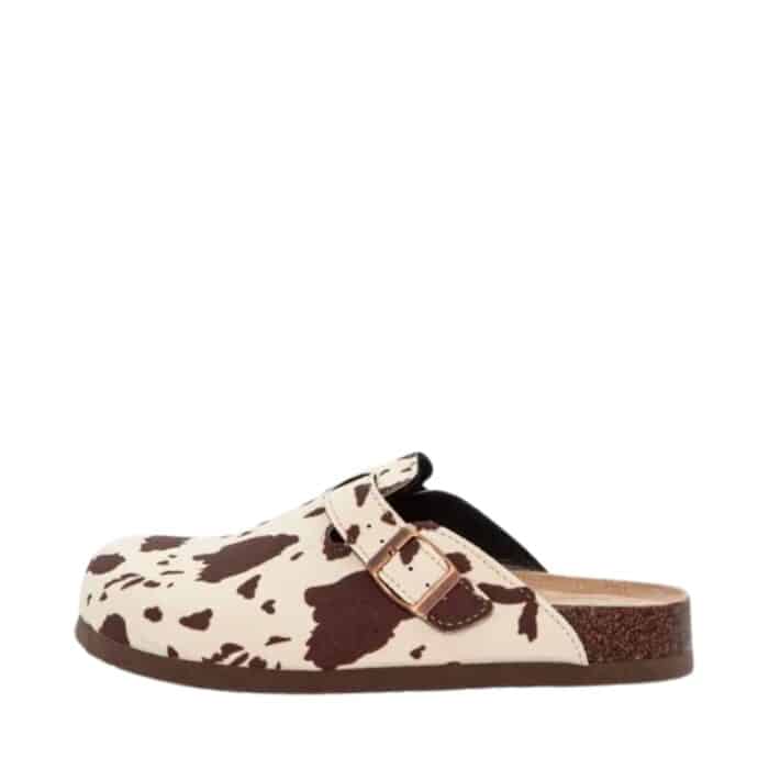 Duffy Florens Ventitré slippers til dame i beige med ko-print og lukket tå samt justerbar spænde