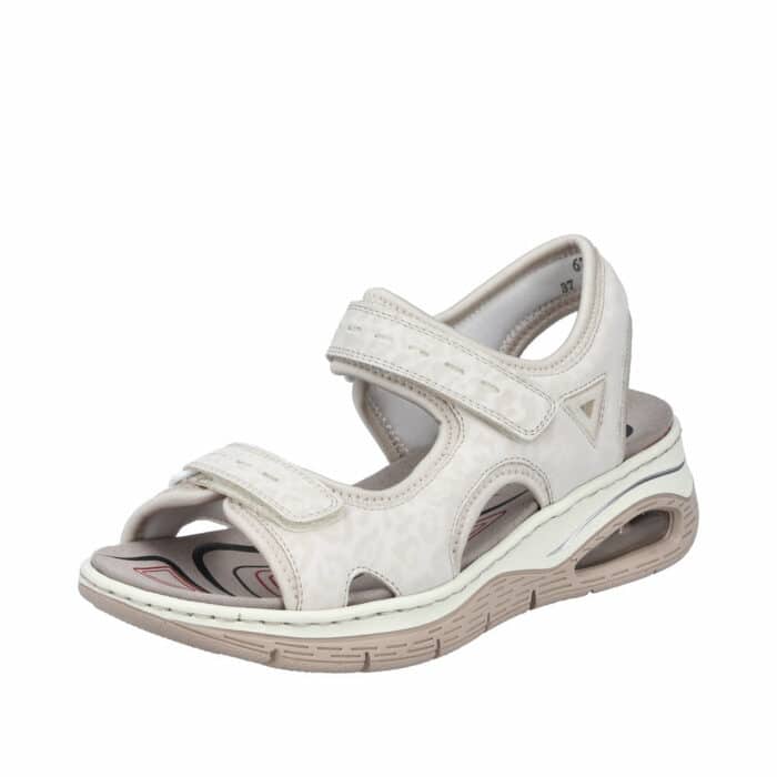 Rieker sandal til dame i beige med to velcroremme og stødabsorberende kilehæl på 5 cm
