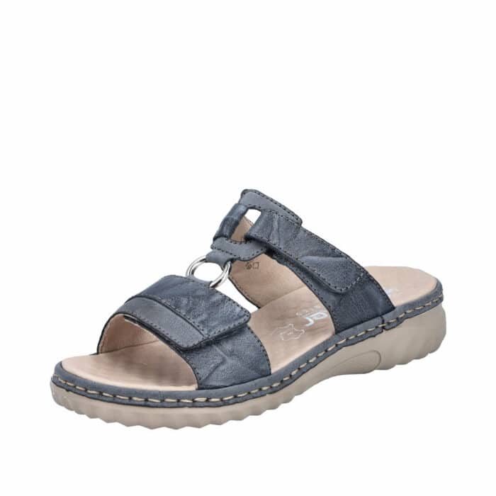 Rieker sandal til dame i blå med skind detaljer og velcroremme samt stødabsorberende sål