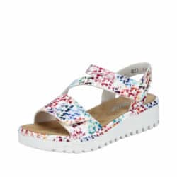 Rieker sandal til dame i hvid med farverige detaljer samt velcroremme og kilehæl på 4 cm