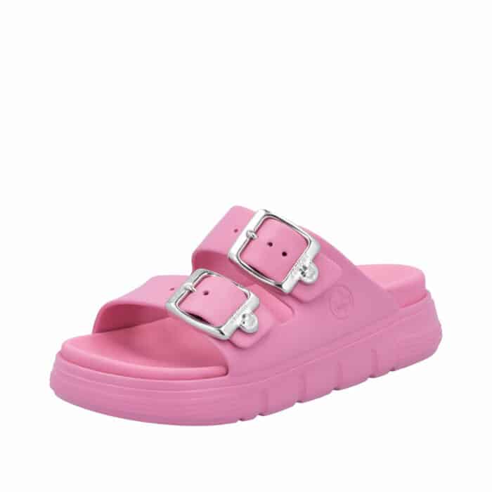 Rieker sandal til dame i pink med justerbare spænder og plateausål på 4,5 cm