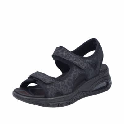 Rieker sandal til dame i sort med to velcroremme og stødabsorberende kilehæl på 5 cm med Rieker-Air vindue