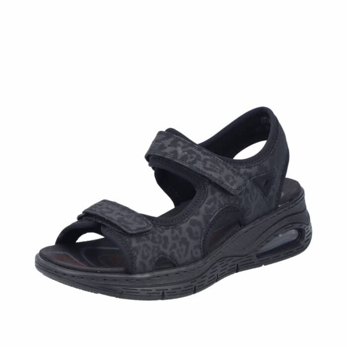 Rieker sandal til dame i sort med to velcroremme og stødabsorberende kilehæl på 5 cm med Rieker-Air vindue